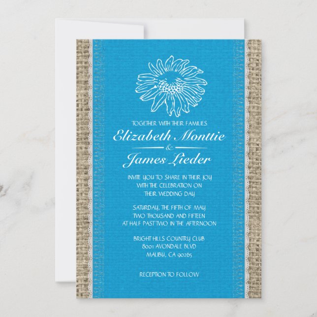 Invitaciones a casamiento de encaje azul y blanco (Anverso)