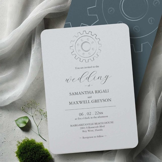 Invitaciones a casamiento gris en Moda industrial (Industrial chic wedding invitations gear line art in grey by Victoria Grigaliunas Do Tell A Belle)