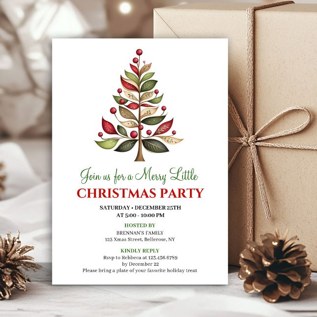 Invitaciones a cena de Navidad con árbol artístico (Red green artistic Christmas tree dinner invitation)
