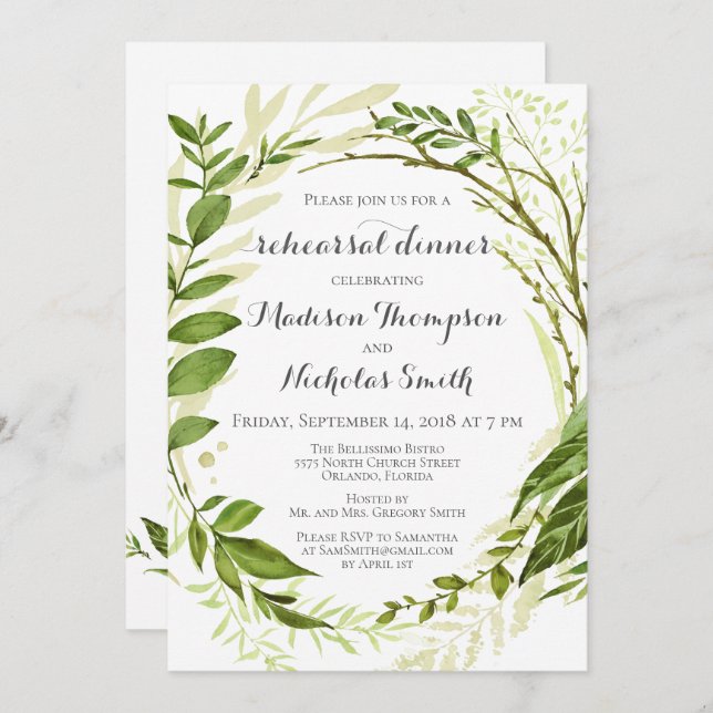 Invitaciones a cenas de ensayo de Wreath verde, rú (Anverso / Reverso)