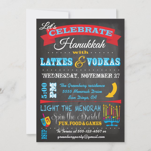 Invitaciones a Chalkboard Hanukkah Latkes y Vodkas (Anverso)