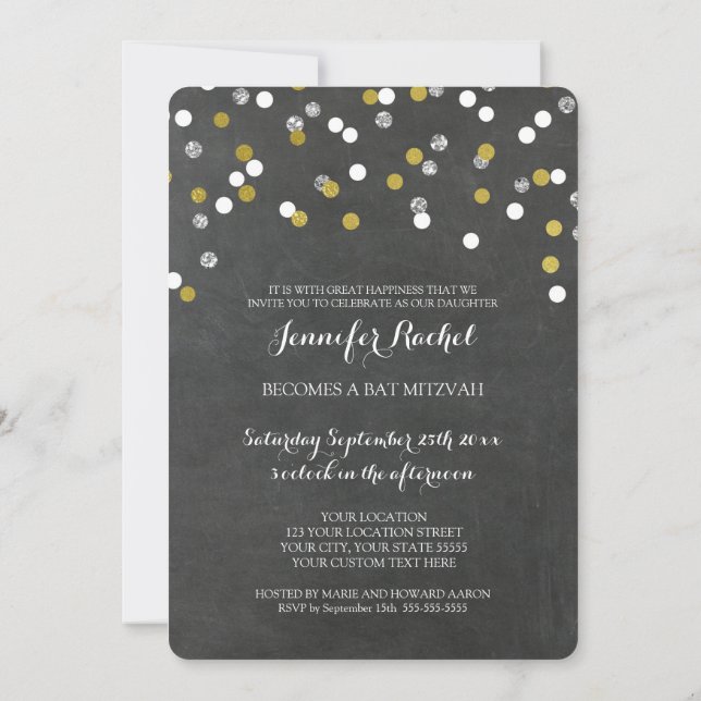 Invitaciones a Chalkbord Silver Confetti Bat Mitzv (Reverso)
