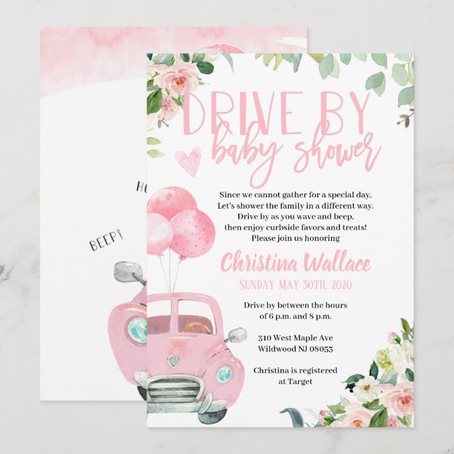 Invitaciones a Chicas de Drive By Baby Shower (Anverso / Reverso)