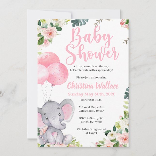 Invitaciones a Chicas para la ducha de bebé elefan (Anverso)