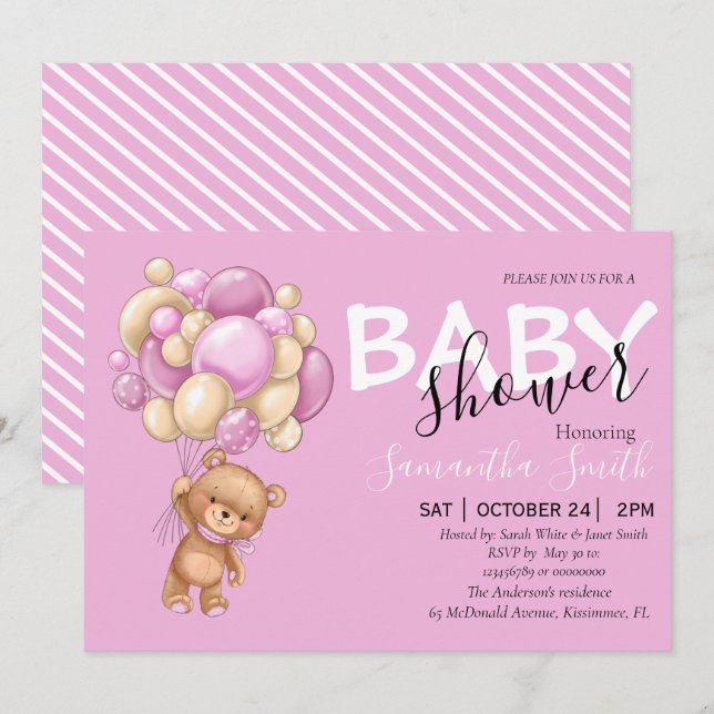 Invitaciones a Chicas rosados de Oso Teddy (Anverso / Reverso)