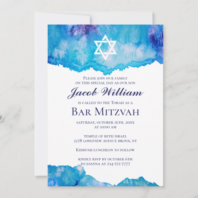Invitaciones a color de agua azul Mitzvah (Anverso)