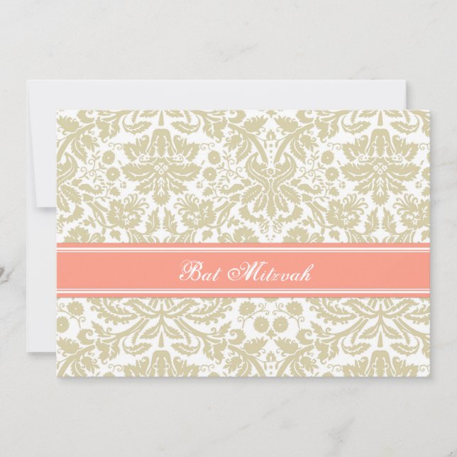 Invitaciones a Coral Beige Damask Bat Mitzvah (Anverso)