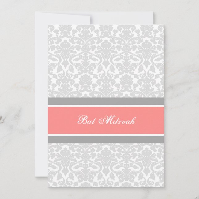 Invitaciones a Coral Gray Damask Bat Mitzvah (Anverso)