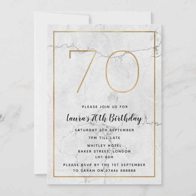 Invitaciones a cumpleaños 70 de White & Gold Marbl (Anverso)