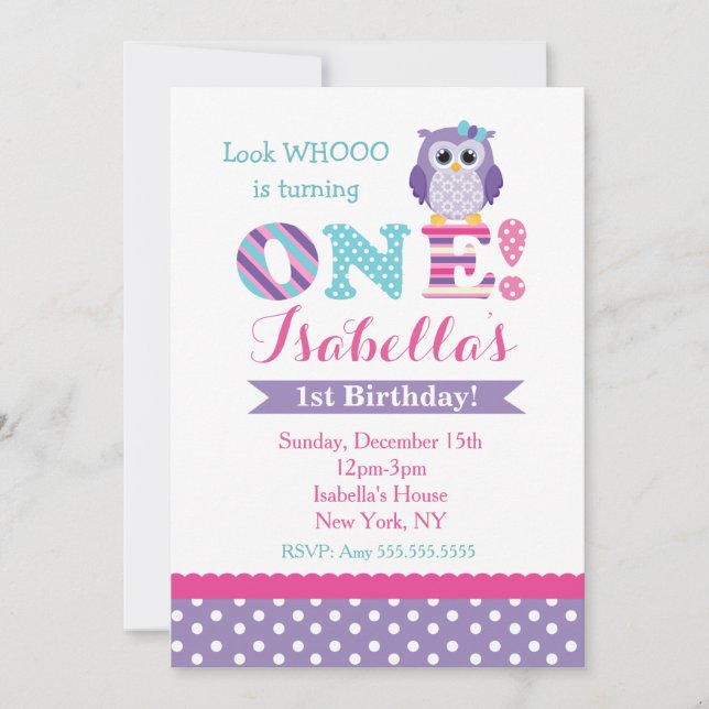 Invitaciones a cumpleaños de búho morado (Anverso)