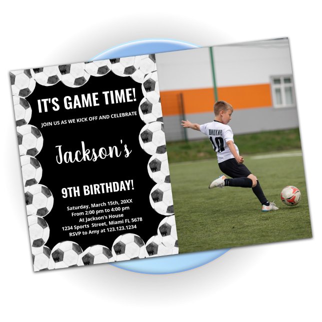 Invitaciones a cumpleaños de fútbol negro con foto (Subido por el creador)