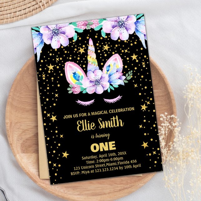 Invitaciones a cumpleaños de Golden Purple Black U (Golden Purple Black Unicorn Birthday Invitations)
