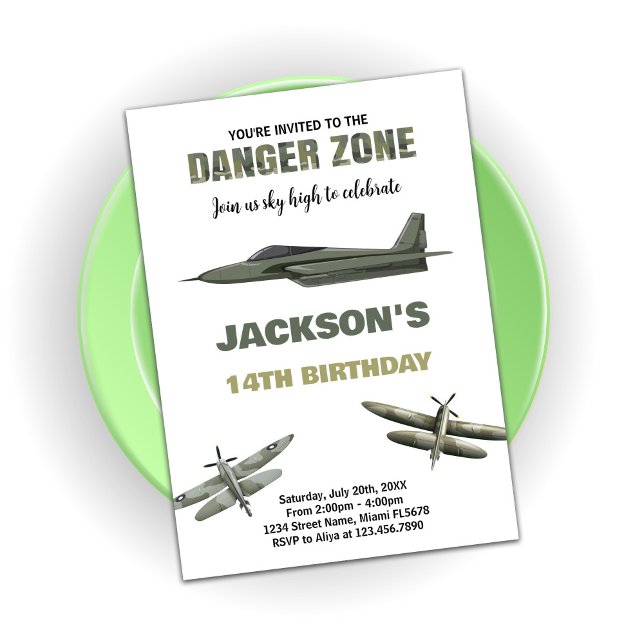 Invitaciones a cumpleaños de Jet Fighter Zone Dang (Danger Zone Fighter Jet Birthday Invitations)