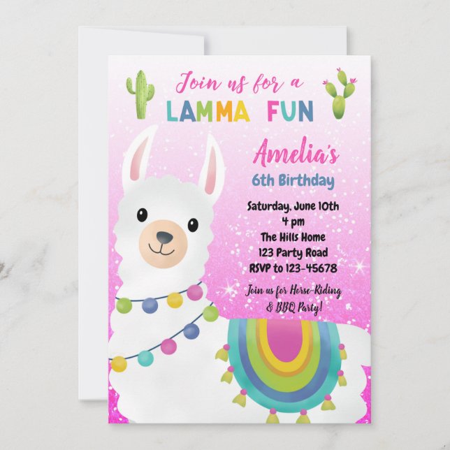 Invitaciones a cumpleaños de Llama (Purpurina rosa (Anverso)