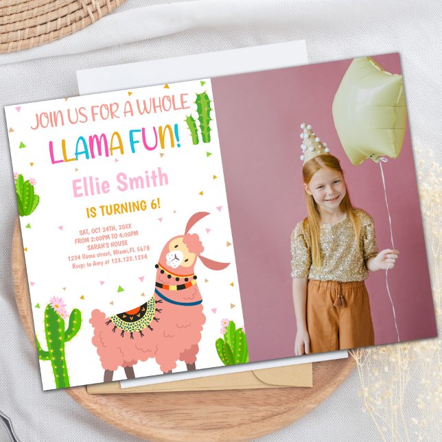 Invitaciones a cumpleaños de Llama Rosa con foto (Pink Llama Birthday Invitations with photo)
