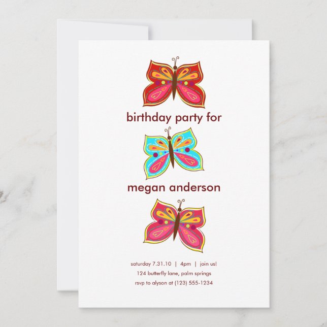 Invitaciones a cumpleaños de mariposa (Anverso)