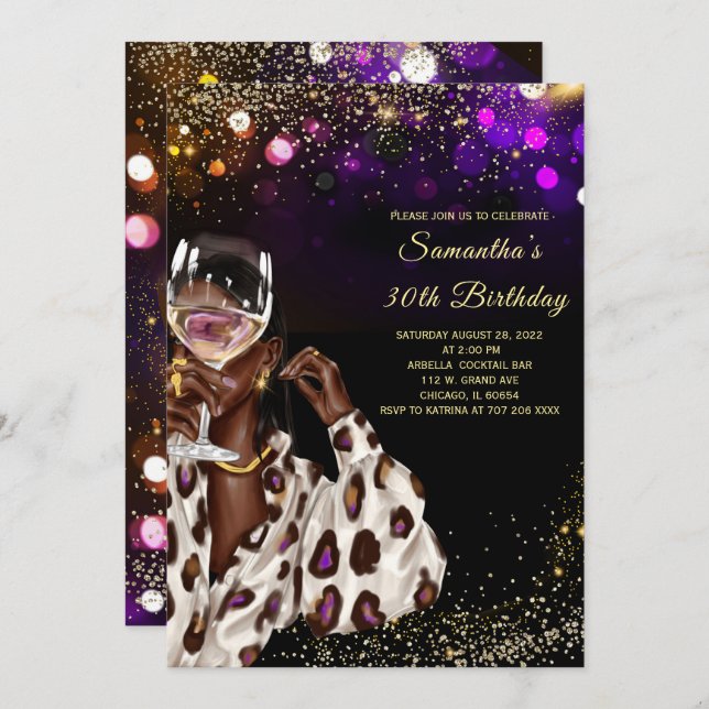Invitaciones a cumpleaños de mujeres afroamericana (Anverso / Reverso)