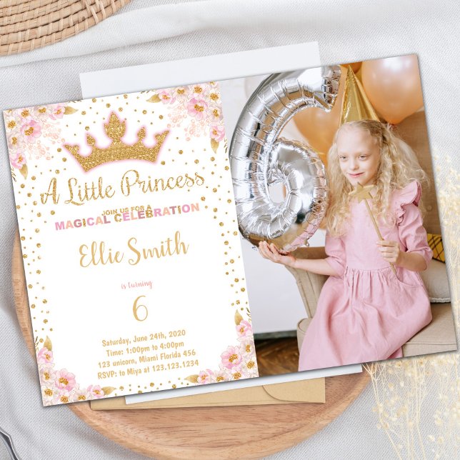 Invitaciones a cumpleaños de princesa corona con f (Crown Princess Birthday Invitations with photo)