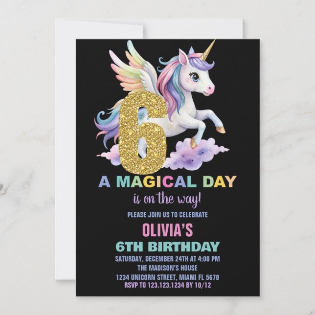 Invitaciones a cumpleaños de Rainbow Unicorn vuela (Anverso)