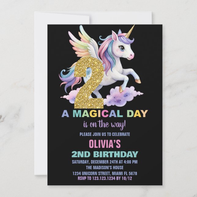 Invitaciones a cumpleaños de Rainbow Unicorn vuela (Anverso)
