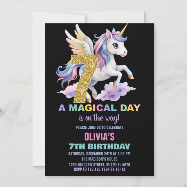 Invitaciones a cumpleaños de Rainbow Unicorn vuela (Anverso)