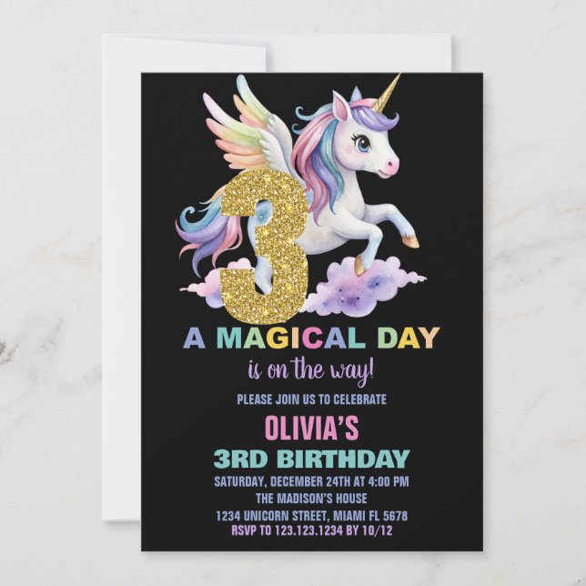 Invitaciones a cumpleaños de Rainbow Unicorn vuela (Anverso)