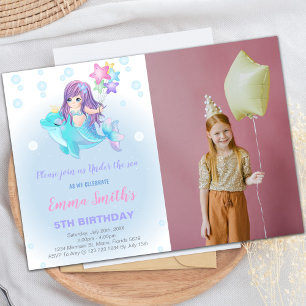 Invitaciones a cumpleaños de Sirena con delfín y f