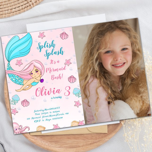 Invitaciones a cumpleaños de sirena rosa con foto (Pink Mermaid Birthday Invitations with photo)