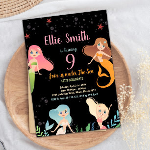Invitaciones a cumpleaños de sirenas negras bajo e