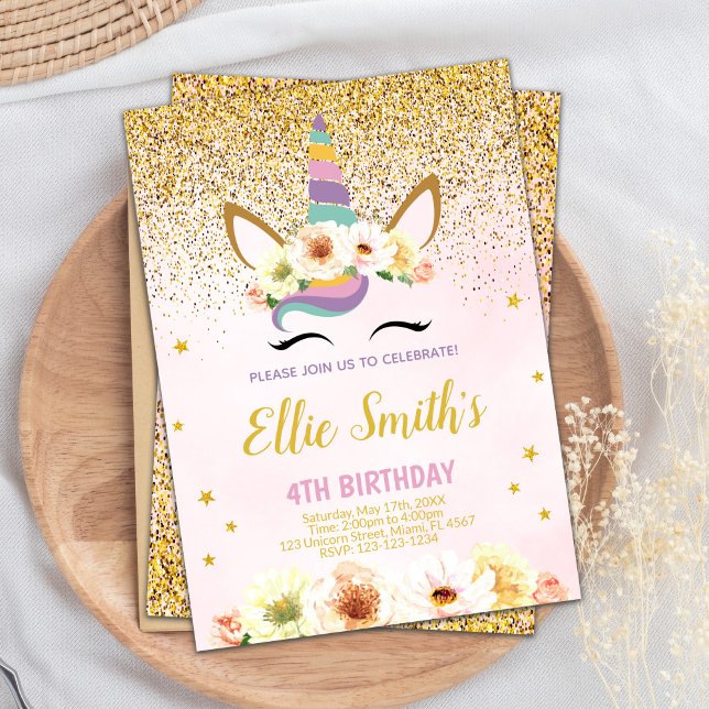 Invitaciones a cumpleaños de Unicorn Purpurina Dor (Golden Glitter Unicorn Birthday Invitations)