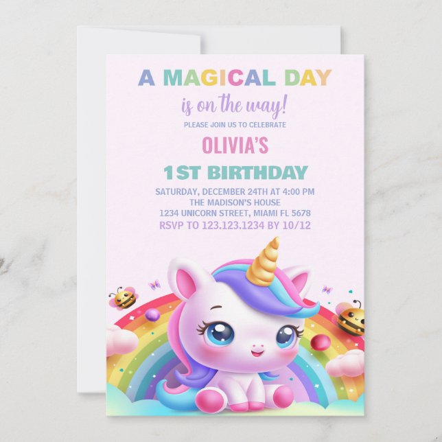 Invitaciones a cumpleaños de Unicornio (Anverso)