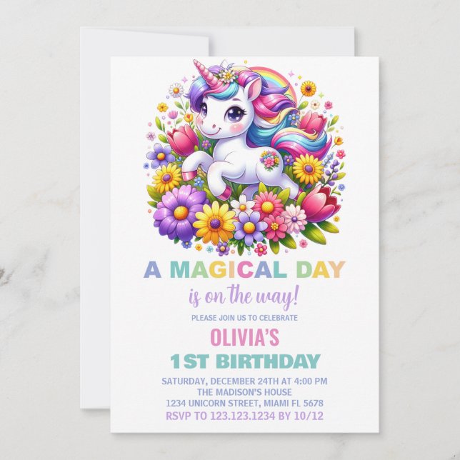 Invitaciones a cumpleaños de Unicornio (Anverso)