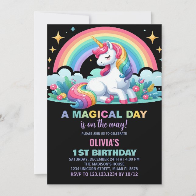 Invitaciones a cumpleaños de Unicornio con flores  (Anverso)