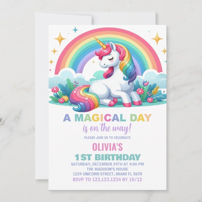 Invitaciones a cumpleaños de Unicornio con flores  (Anverso)