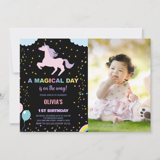 Invitaciones a cumpleaños de Unicornio con foto (Anverso)