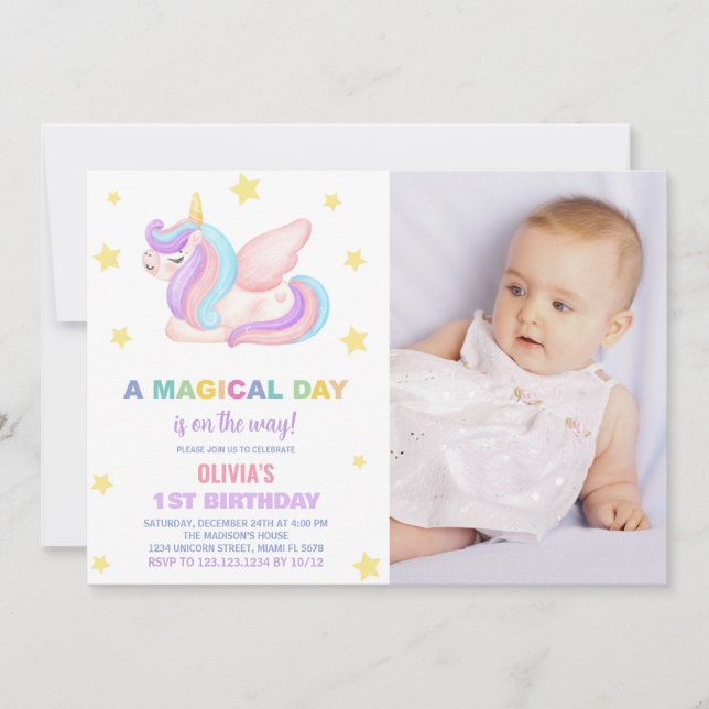 Invitaciones a cumpleaños de Unicornio con foto (Anverso)