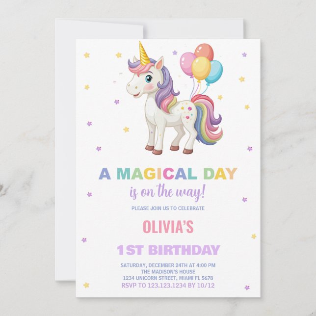Invitaciones a cumpleaños de Unicornio con globos  (Anverso)