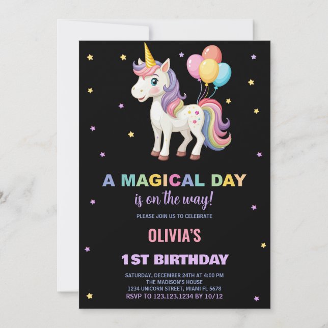 Invitaciones a cumpleaños de Unicornio con globos  (Anverso)