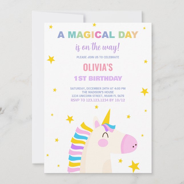 Invitaciones a cumpleaños de Unicornio en estrella (Anverso)