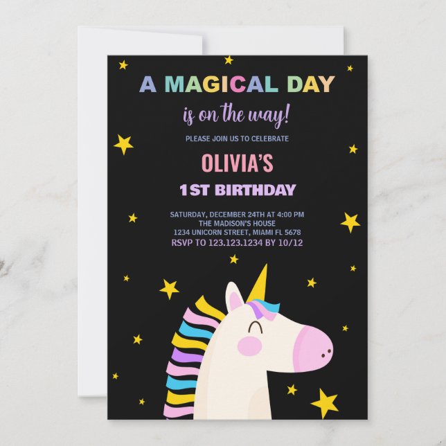 Invitaciones a cumpleaños de Unicornio en estrella (Anverso)