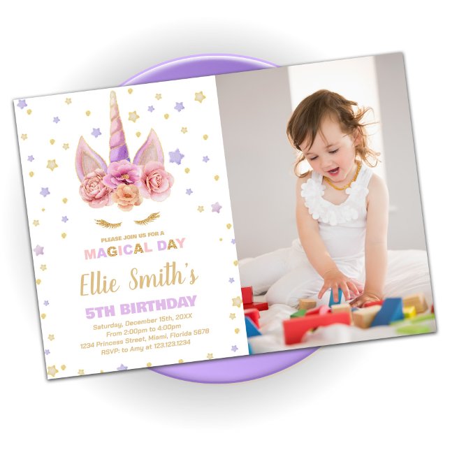 Invitaciones a cumpleaños de Unicornio Pink Purple (Subido por el creador)