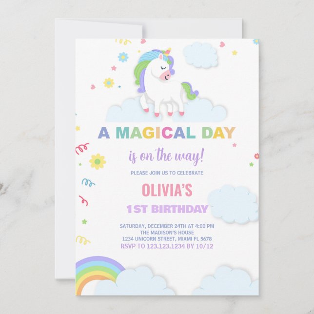 Invitaciones a cumpleaños de unicornio por nubes (Anverso)