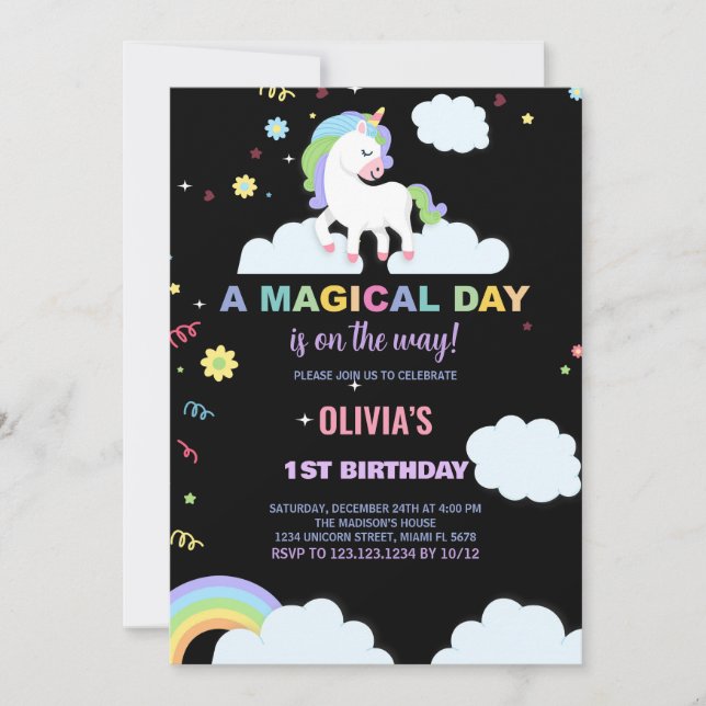 Invitaciones a cumpleaños de unicornio por nubes (Anverso)