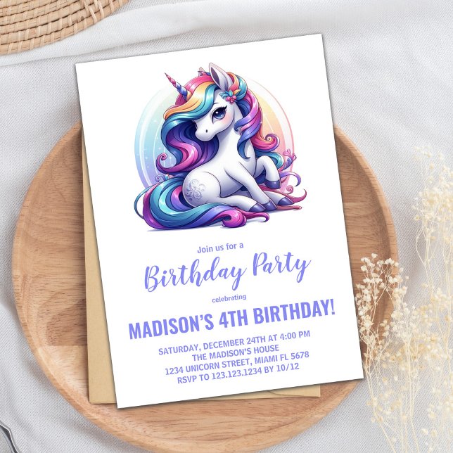 Invitaciones a cumpleaños de Unicornio púrpura arc (Rainbow Purple Unicorn Birthday Invitations)