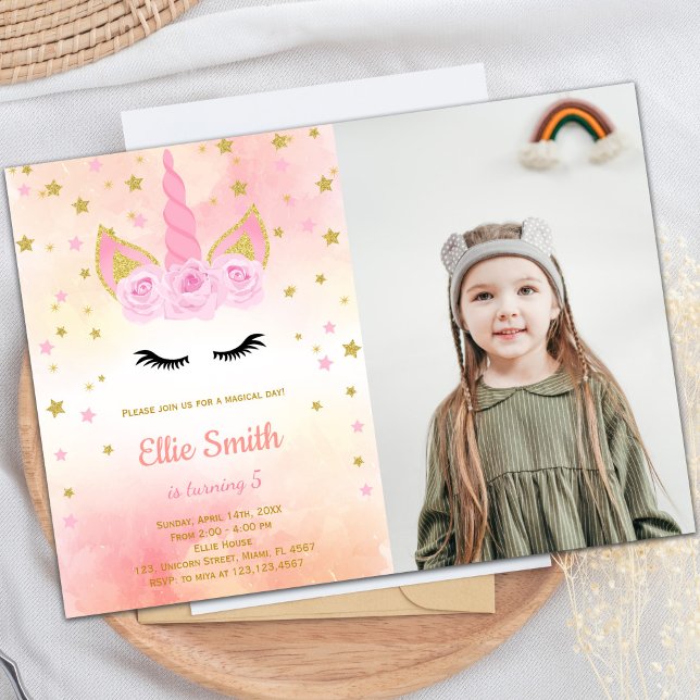 Invitaciones a cumpleaños de Unicornio Rosado Rosa (Photo Rose Pink Unicorn Birthday Invitations)