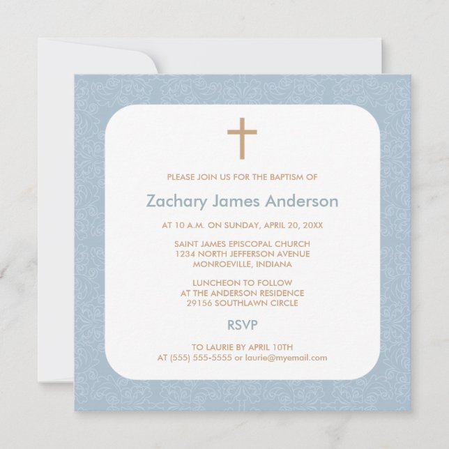 Invitaciones a Damasco Azul y Bautismo Cruzado (Anverso)