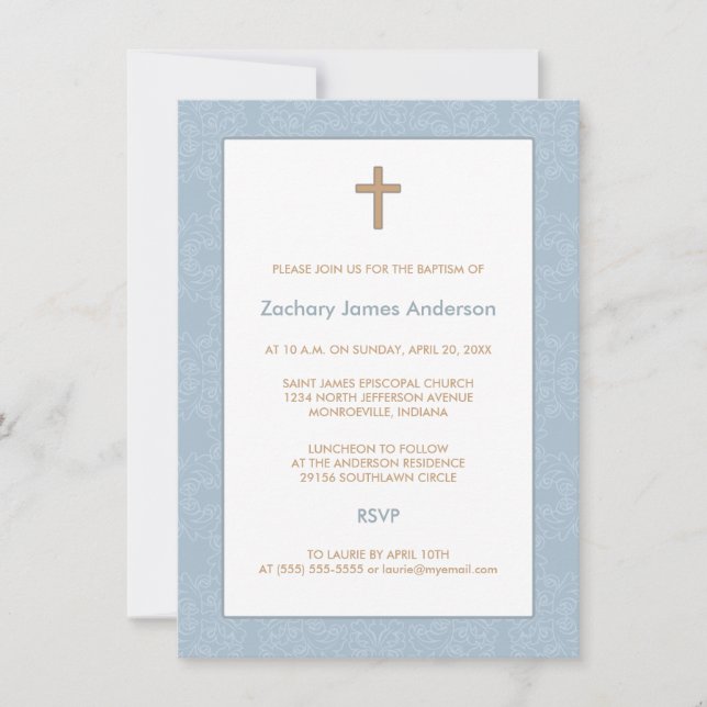 Invitaciones a Damasco Azul y Bautismo Cruzado (Anverso)
