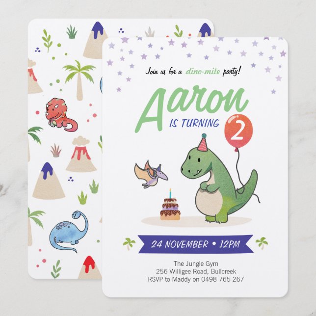 Invitaciones a dinosaurios, invitaciones de cumple (Anverso / Reverso)