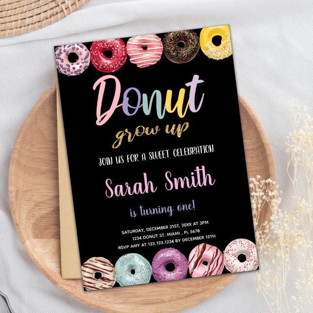 Invitaciones a donut amarillos de Purpurina negro (Black Glitter Yellow Donut Invitations)