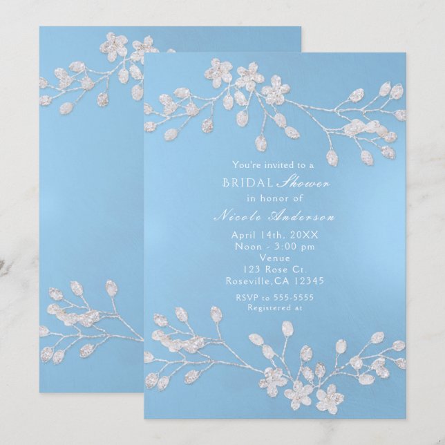 Invitaciones a ducha con azules de la rama floral  (Anverso / Reverso)